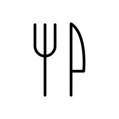 A knife and a fork vector black outline icon. Can be used for any platform action promotion and ad. Isolated symbol sign used for: mobile, app, design, web, dev, ui, ux, gui. EPS 10. For your design.