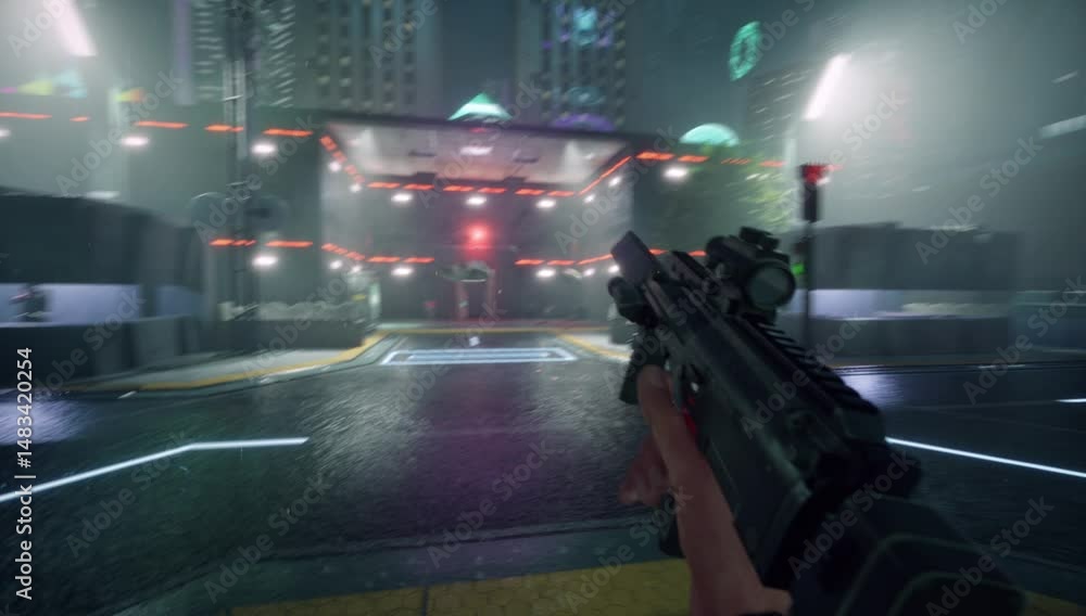 Poster playing computer game mission assaulting futuristic military base with cyborgs. player slays enemies
