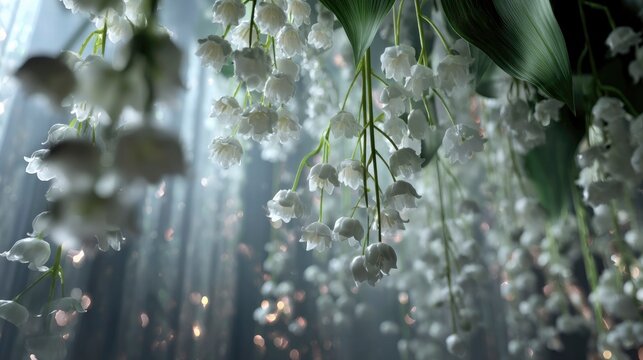A celestial-inspired vision of Lily of the Valley blooms weightlessly suspended in soft diffused light