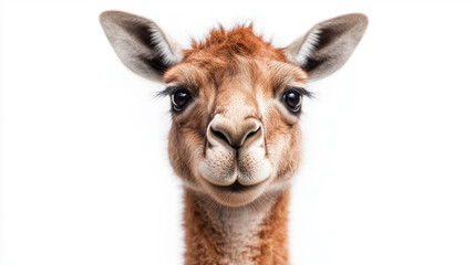 a guanaco, a South American camelid, against a white background. The animal directly faces the camera with a soft, almost smiling expression. Its fur is light brown, and its eyes are large and dark