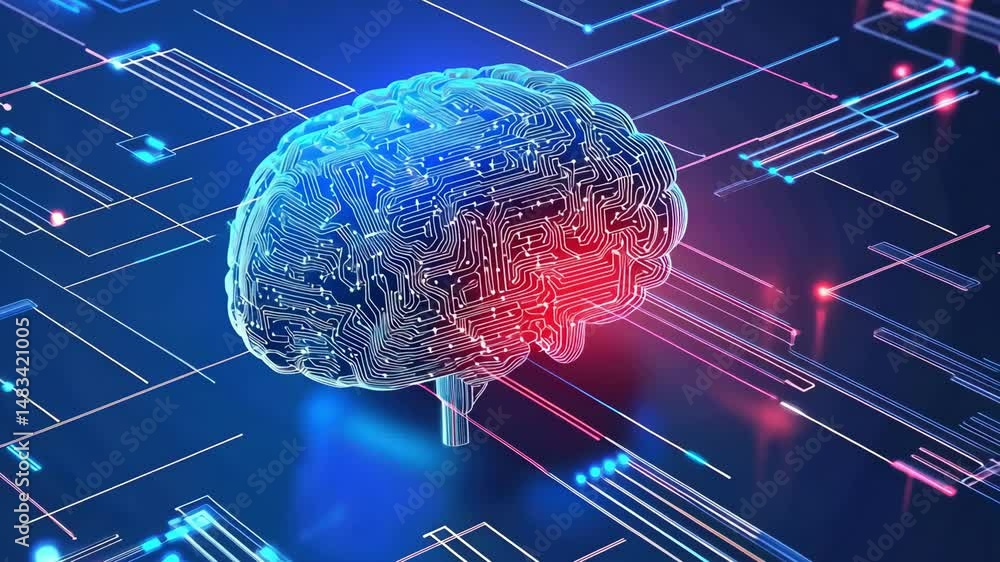 Poster artificial intelligence brain circuit board lines glowing neon colors digital network communication