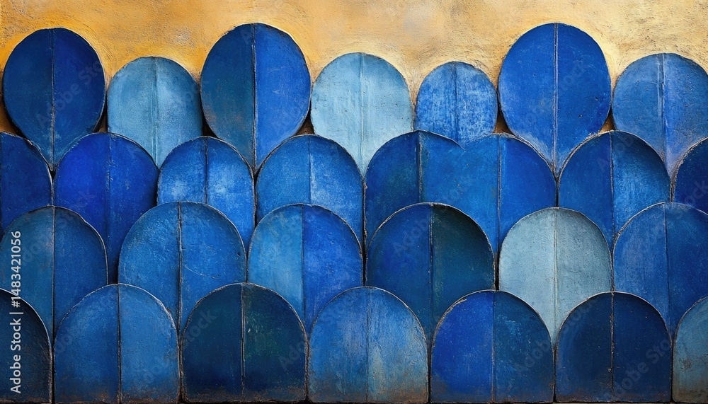 Poster blue rounded tiles arranged in rows against a textured yellow background. use as a backdrop or eleme