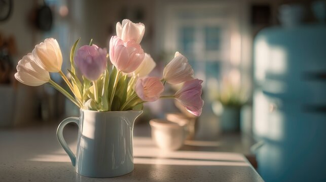 A charming tulip centerpiece in pastel tones glowing under warm morning sunlight in a cozy kitchen