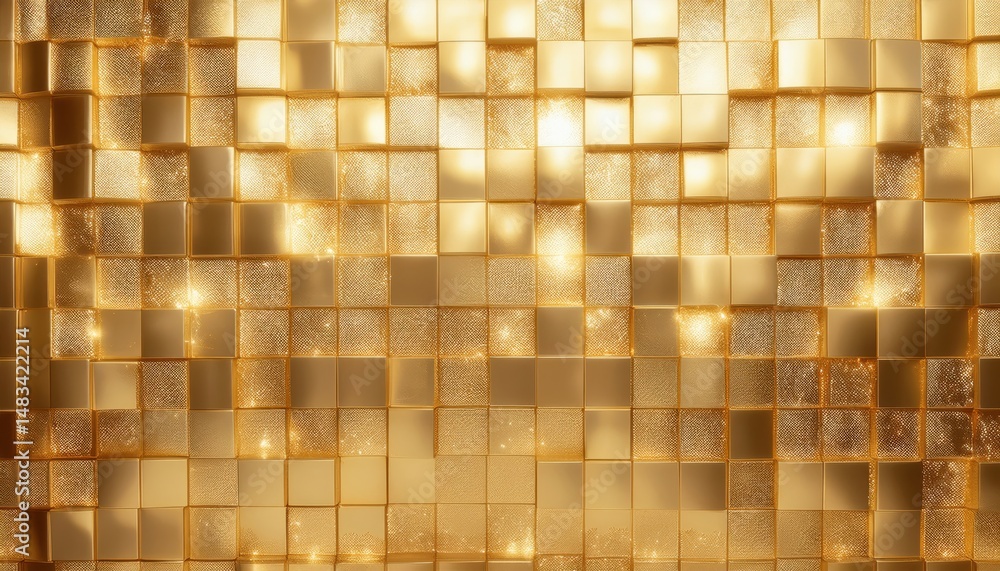 Poster luxury golden mosaic tiles background with glowing light reflections for web design, branding, print