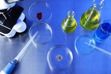 Petri dishes, pipettes and flasks with samples on table, above view
