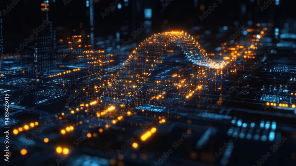 Poster abstract digital circuit with glowing data patterns
