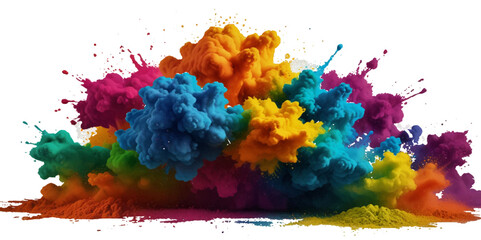 Vector colorful vibrant rainbow, smoke and cloud paint color powder explosion with bright colors isolated  on transparent background. Multicolored explosion of rainbow powder paint festival background