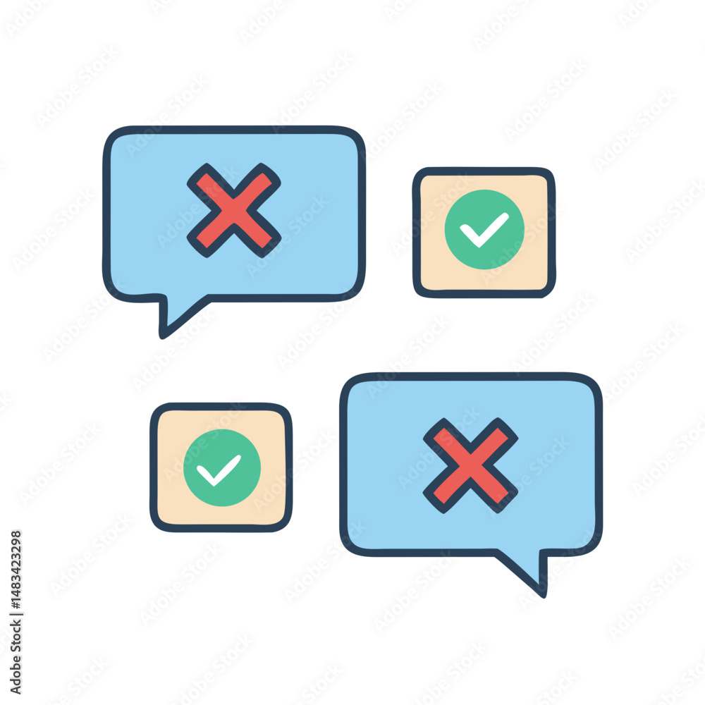 Poster speech bubbles with check and cross icons representing approval, rejection, and decision-based commu