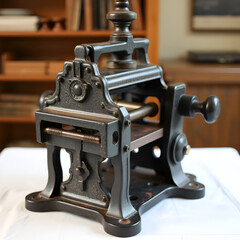 Vintage cast iron printing press, on white
