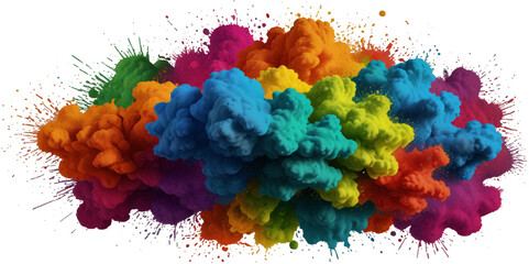 Vector colorful vibrant rainbow, smoke and cloud paint color powder explosion with bright colors isolated  on transparent background. Multicolored explosion of rainbow powder paint festival background