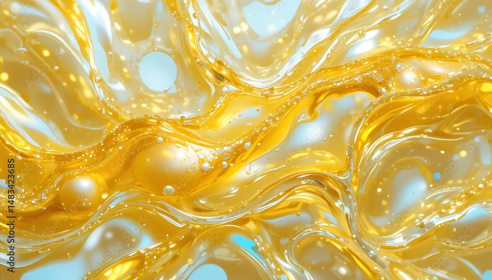 Poster abstract golden liquid swirls and bubbles creating a visually stunning texture rich in depth and mov
