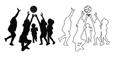 Vector silhouette illustration of children jumping and reaching for a ball, representing fun physical activity, teamwork, and active childhood play