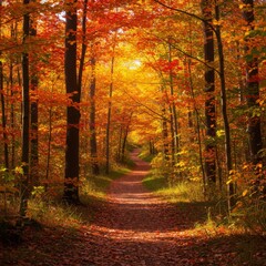 Fototapeta premium Autumn Forest Path: Sunlight Through Red And Gold Leaves