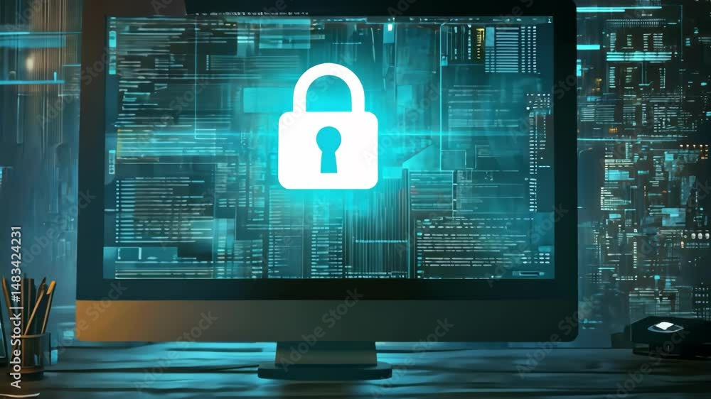 Poster cybersecurity concept, glowing padlock icon on computer screen with data and digital city background