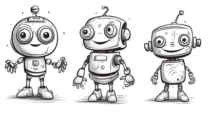 Fototapeta premium Cute Robot Doodle Character Depicting Metal Computer Man in a Funny Pose