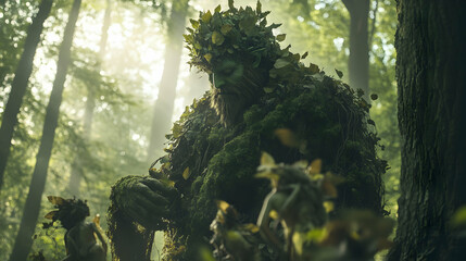 Forest guardian: enigmatic giant covered in leaves and moss in sunlit woodland