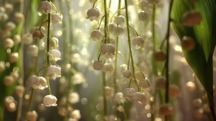 A celestial-inspired vision of Lily of the Valley blooms weightlessly suspended in soft diffused light