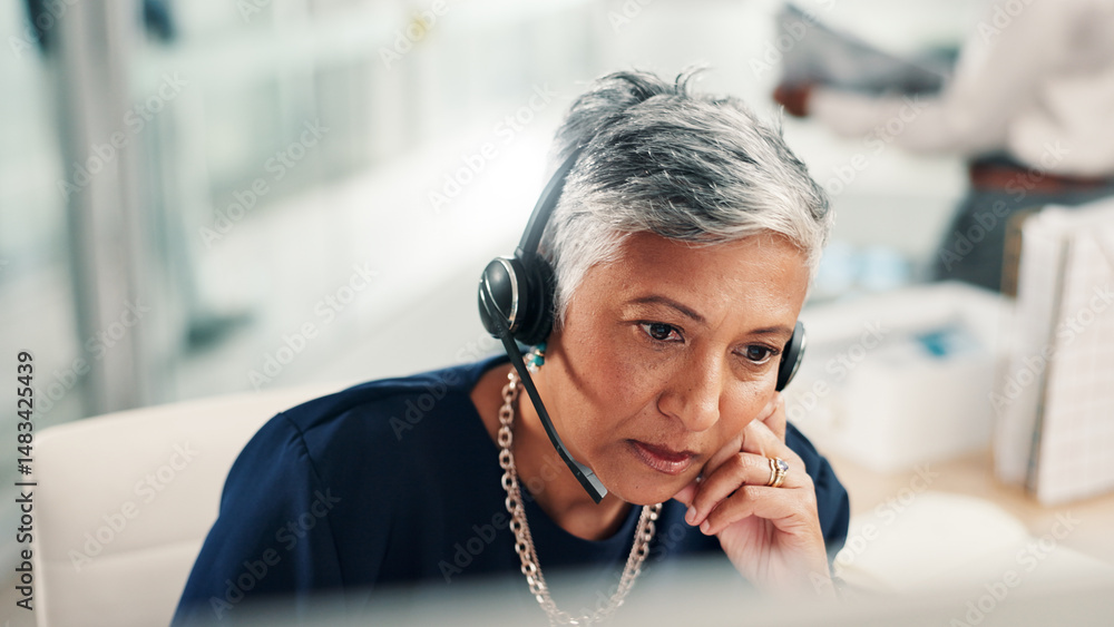 Poster thinking, office and mature woman in call center with stress for contact us, crm service or customer