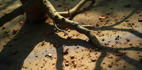 Branch shadows on loamy soil, high contrast texture, natural light patterns, detailed ground study.