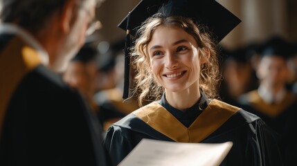 Close-up of young female graduate in cap and gown smiling receiving congratulations