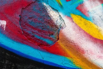 Colorful graffiti texture in bold red, blue, yellow. Urban 90s style, vibrant distortion, cracked...