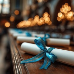 Close-up of diploma scrolls with cyan ribbons at university graduation ceremony
