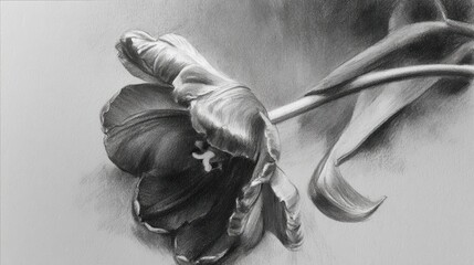 A classical charcoal sketch of a tulip with gentle smudging and soft, deep shadows