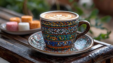 Traditional Turkish coffee served in a patterned cup with Turkish delight