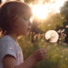 Girl blowing dandelion.