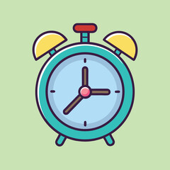 Retro alarm clock illustration, vibrant colors and playful design on light green