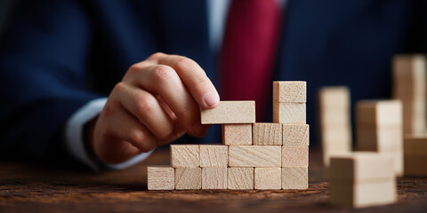 Hand placing wooden block, building structure, showcasing growth, strategy, planning, and business development