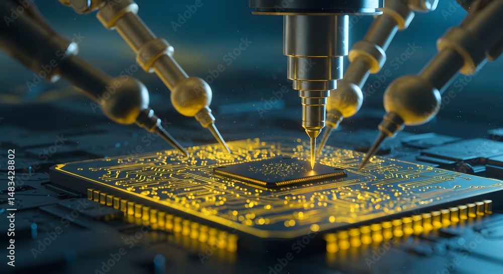 Aufkleber robotic arms precisely working on a computer chip with intricate gold circuitry