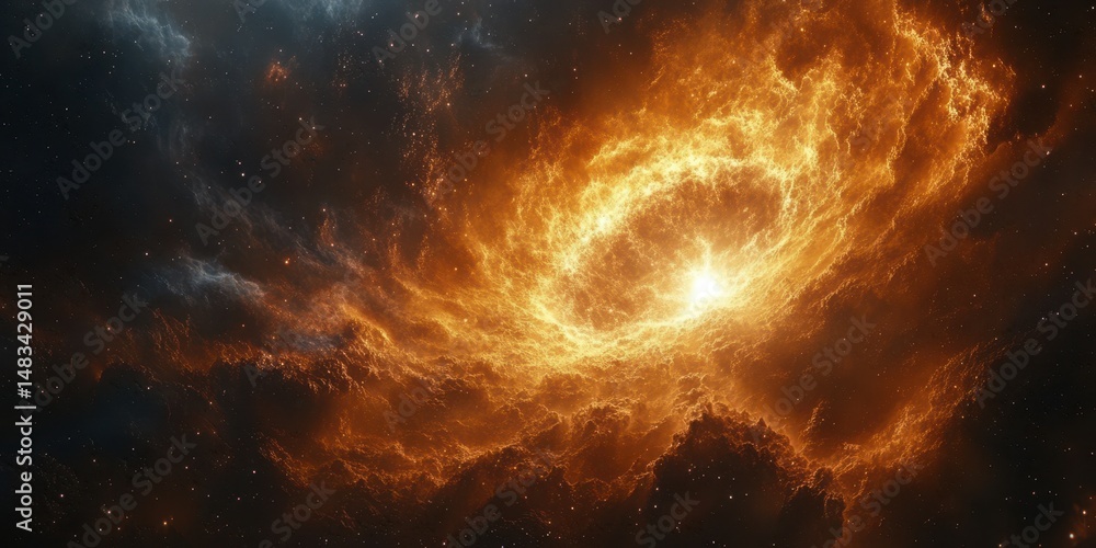 Wall mural cosmic display of fiery nebula with swirling gas and stars illuminated in deep space