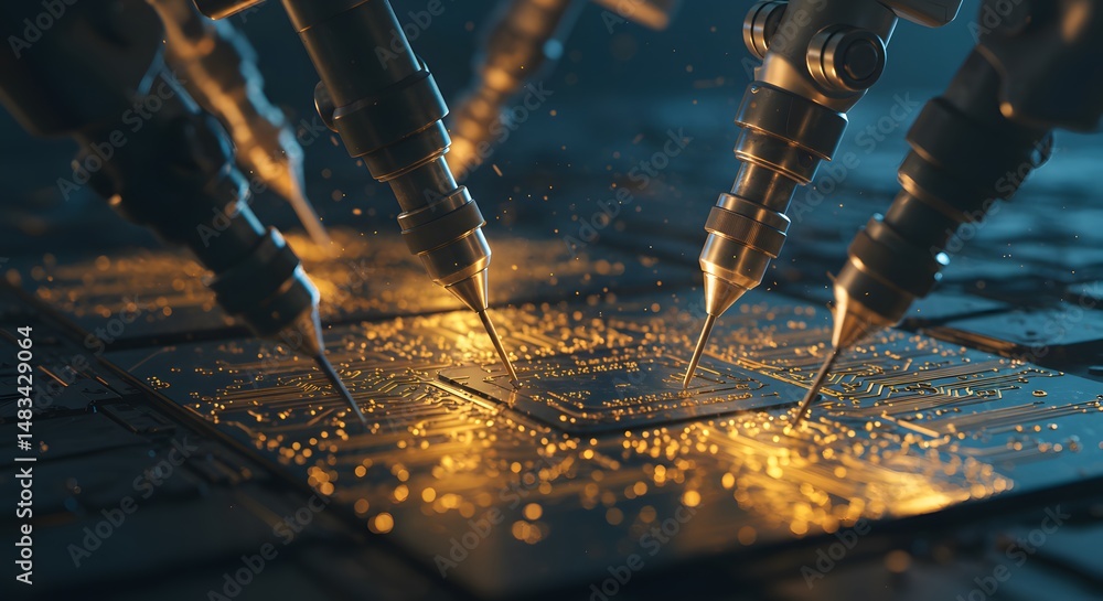 Poster close up of robotic arms working on a circuit board with golden light sparks around it