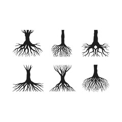 “Set of Black Tree Root Silhouettes – Abstract Nature and Growth Vector Icons”