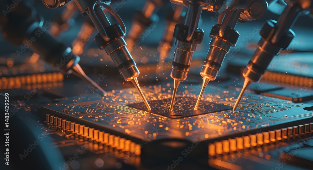 Aufkleber automated probes testing a microchip with glowing orange and blue light effects shining