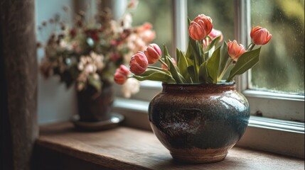 A cozy indoor display featuring a ceramic pot filled with fresh tulips, evoking a feeling of timeless beauty