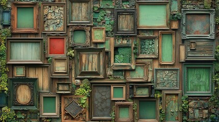 Wall of antique picture frames, filled with plants