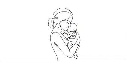 Elegant single line art depicting maternal bond between mother and child