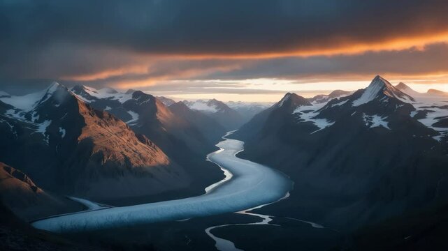 Sunset above a remote valley. Last rays of light shining on the mountain tops encircling the glacier. Summer in the untamed north.