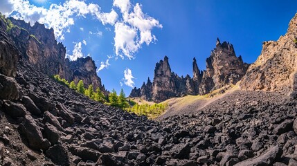 Volcanic landscape with rugged peaks and a field of dark basalt rocks