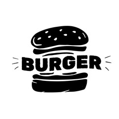 Bold black burger illustration with playful text, perfect for restaurant logos, food truck branding, menu design, fast-food promotions, or social media posts.