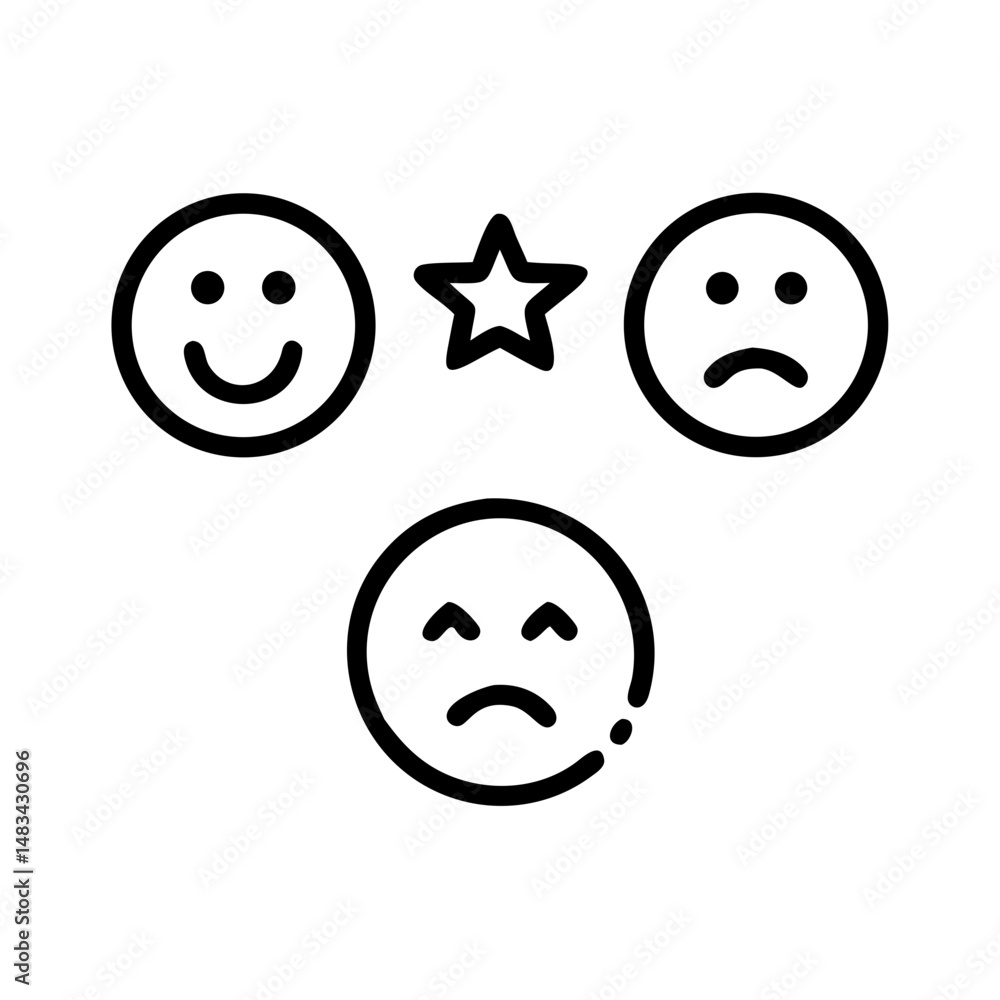 Poster user ratings with facial expressions icon representing customer feedback, experience evaluation, and
