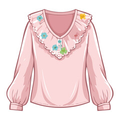 Obraz premium Pink Puff Sleeve Top with Floral Trim - Vector Illustration