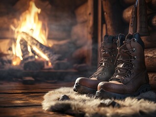 Warm cabin boots by a crackling fire
