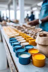 Obraz premium Bright containers and raw materials in an artisanal balm workshop showcasing production process