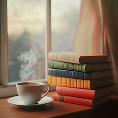 Warm cup of tea beside a stack of books by a window
