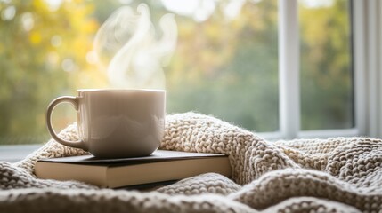 Warm drink by window, autumn ambiance