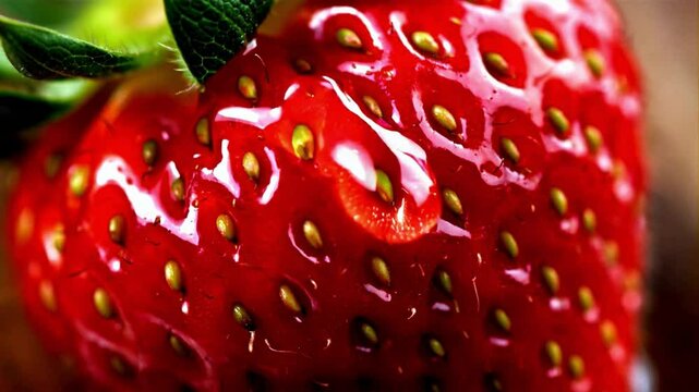 Extreme Closeup Single Strawberry in Vibrant Red and Green, Food Ingredient and Healthy Snack