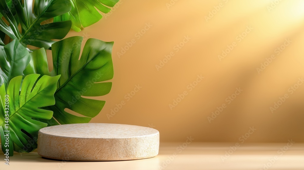 Poster empty podium with soft beige background and green leaves for text or display presentation purposes